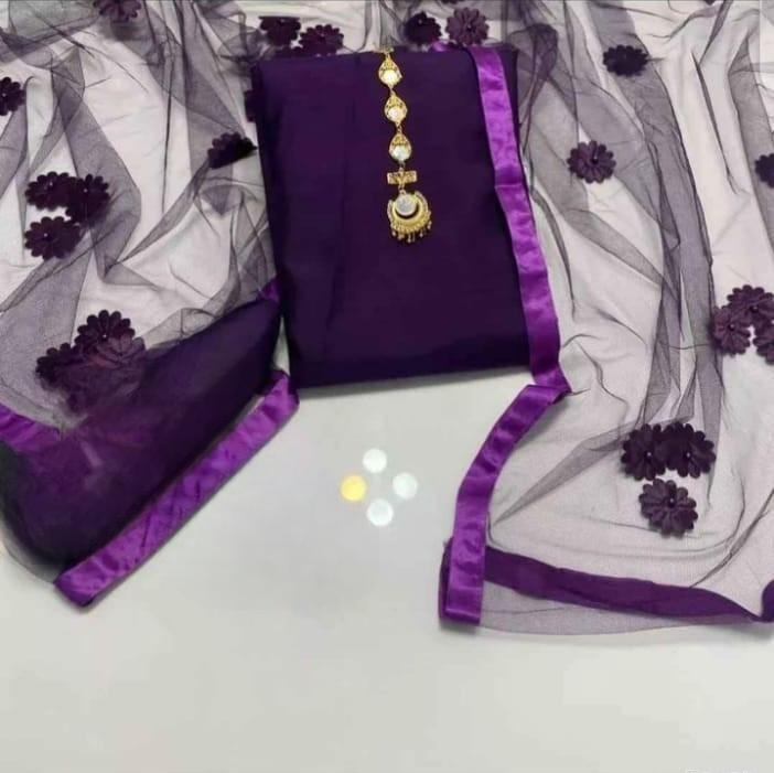 3 Pcs Women's Unstitched Katan Silk Plain Suit