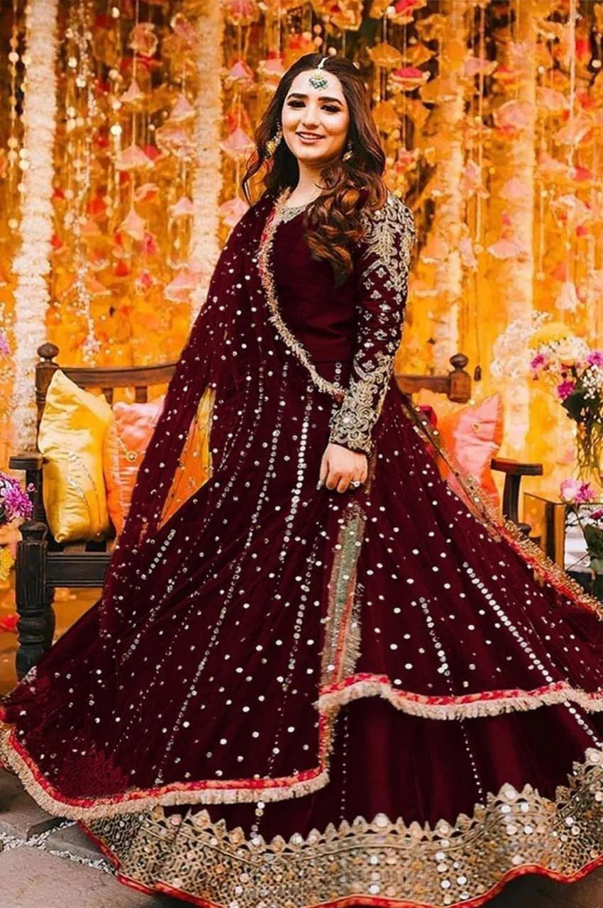 Stunning 3 Pcs Shamoz Silk Maxi Suit with Mirror Work - Elegant Maroon Ensemble