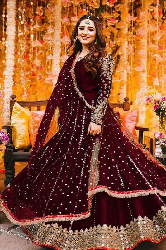 Stunning 3 Pcs Shamoz Silk Maxi Suit with Mirror Work - Elegant Maroon Ensemble