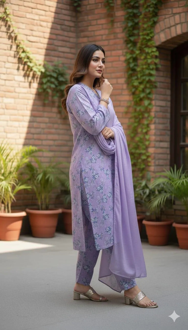 Stylish Women's Printed Khaddar Suit with Dupatta - 3 Pcs